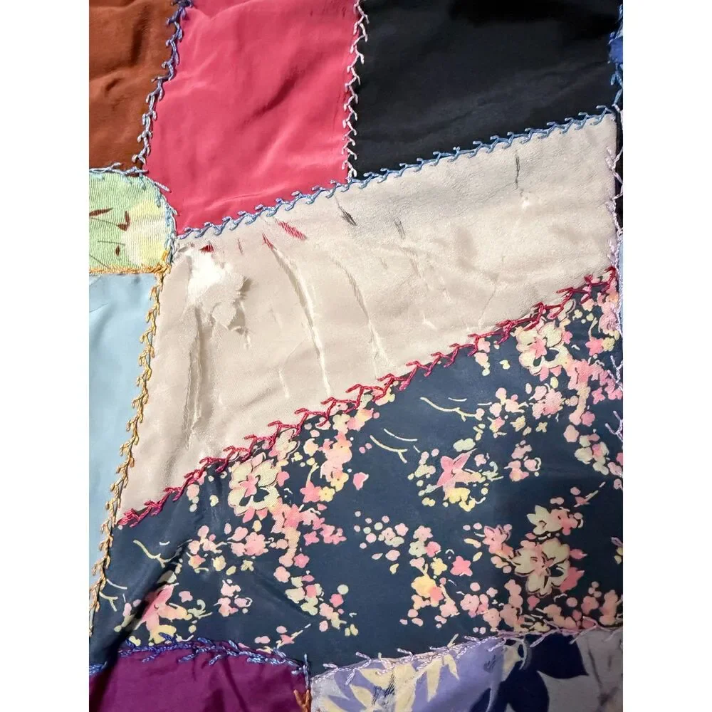 Antique Victorian Crazy Quilt Silk Satin Patchwork Hand Embroidered